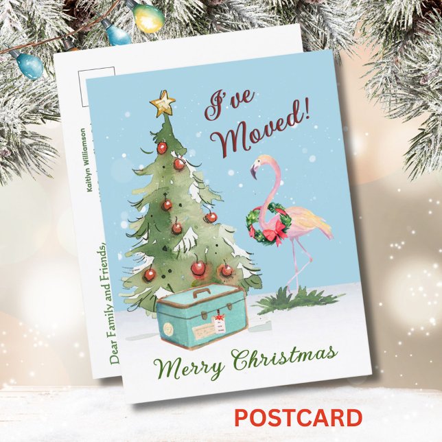 I've Moved Budget Flamingo Christmas Tree  Announcement Postcard (Creator Uploaded)