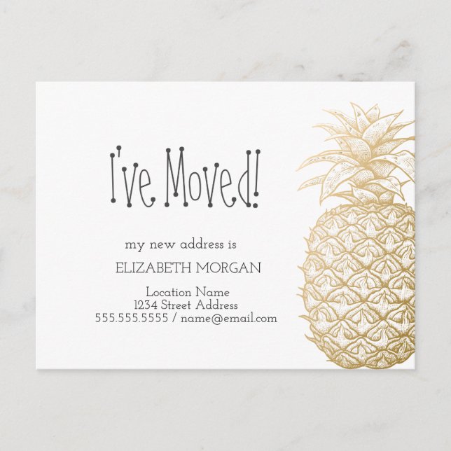 I've Moved,Chic Gold Pineapple New Address  Announcement Postcard (Front)