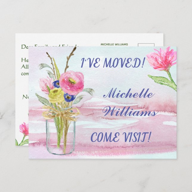 I've Moved Classic Watercolor Floral Move  Announcement Postcard (Front/Back)
