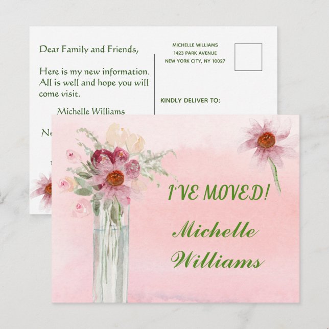 I've Moved Elegant Pink Floral Budget Moving Announcement Postcard (Front/Back)