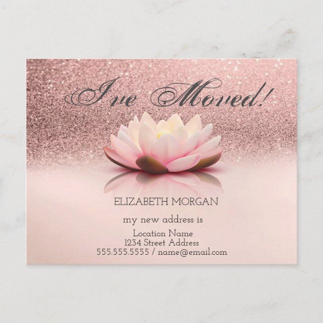 I've Moved, Lotus Flower Glitter  New Address Announcement Postcard (Front)