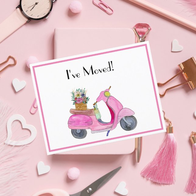 I've Moved! Pink Watercolor Scooter With Flowers Announcement Postcard (Creator Uploaded)