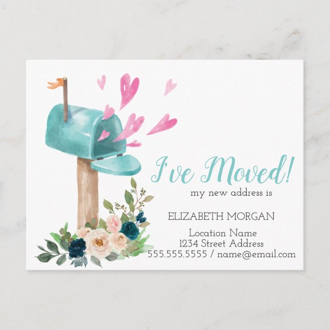 I've Moved,Watercolor Mailbox Flowers Hearts Announcement Postcard (Front)