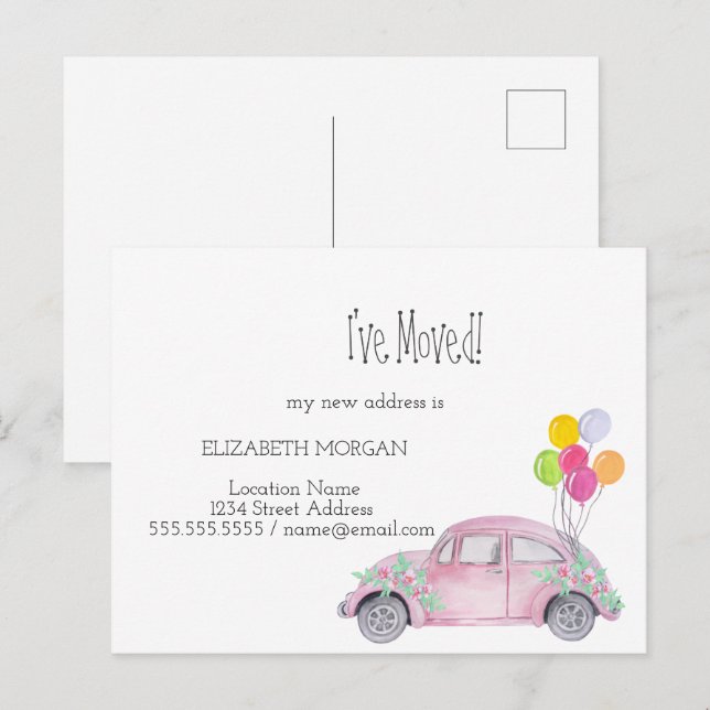 I've Moved,Watercolor Pink Car, New Address Announcement Postcard (Front/Back)
