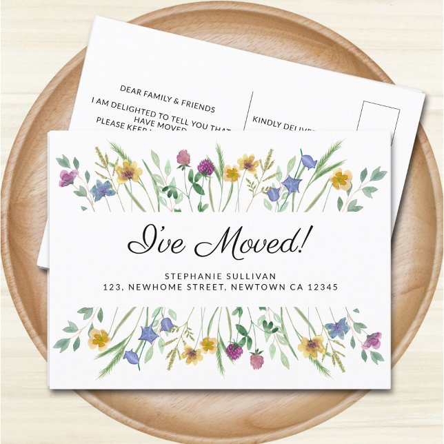 I've Moved Watercolor Wildflower Moving Announceme Announcement Postcard (Creator Uploaded)