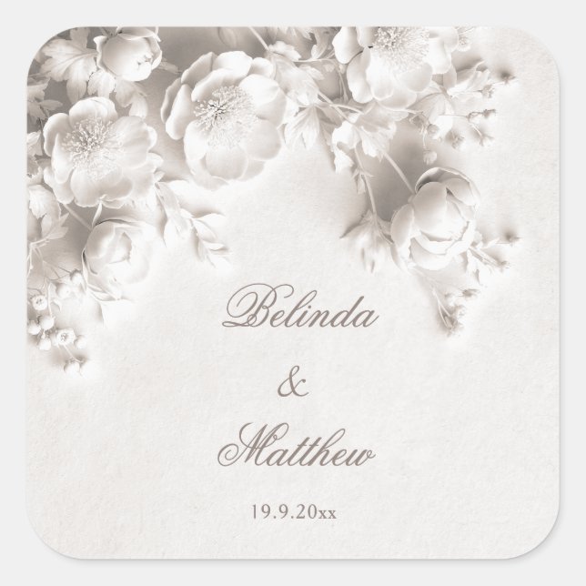 Ivory 3D Floral Roses | Wedding Square Sticker (Front)