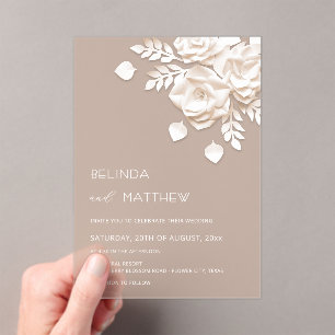 Ivory 3D Flowers Roses Minimalist Wedding Invitat Acrylic Invitations