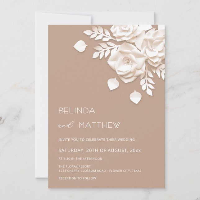 Ivory 3D Flowers Roses Minimalist Wedding  Invitation (Front)
