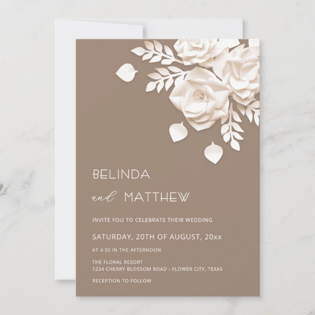 Ivory 3D Flowers Roses Minimalist Wedding  Invitation (Front)