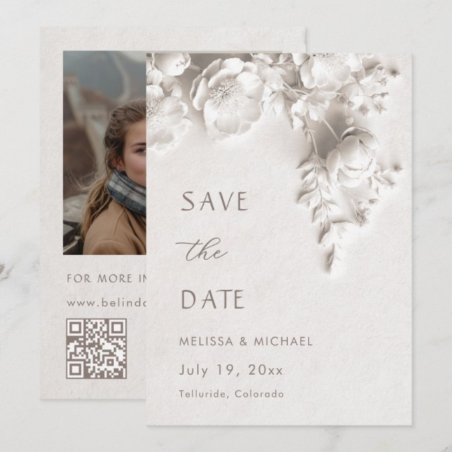 Ivory 3D Flowers Wedding Save The Date (Front/Back)