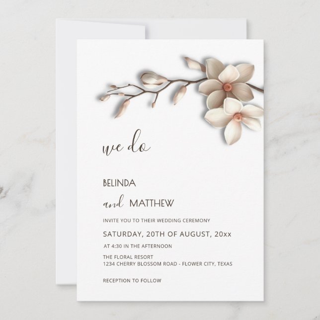 Ivory 3D Magnolia Flower Casual Wedding Invitation (Front)