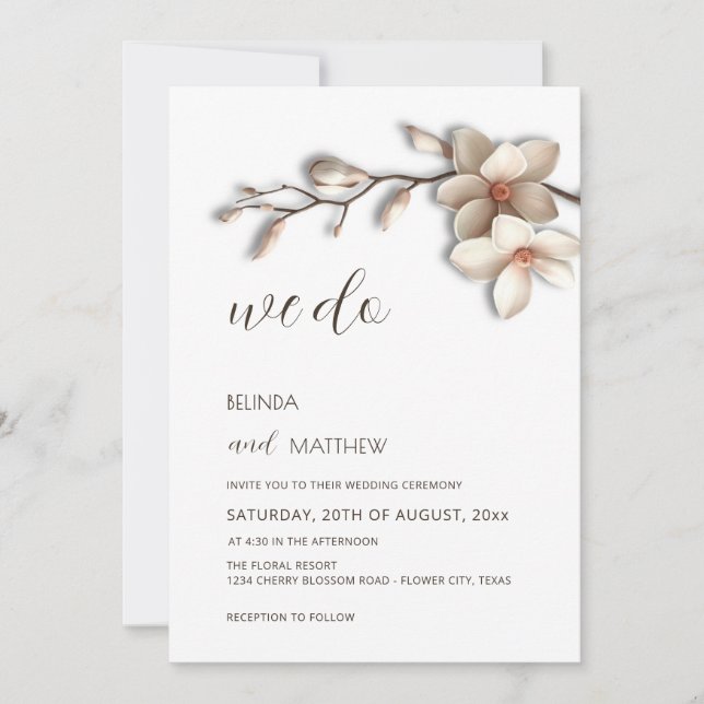 Ivory 3D Magnolia Flower Casual Wedding Invitation (Front)