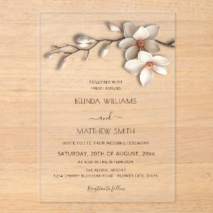 Ivory 3D Magnolia Flower Clear Wedding Acrylic Invitations