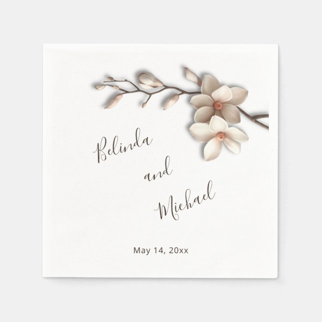 Ivory 3D Magnolia Flowers | Wedding Napkin (Front)