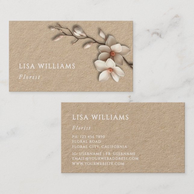 Ivory 3D Magnolia Rustic  Business Card (Front/Back)