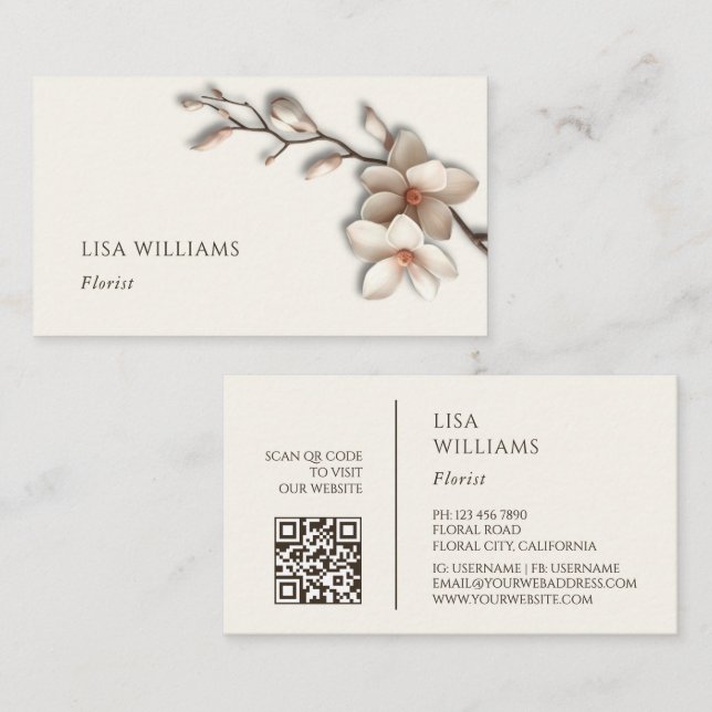 Ivory 3D Magnolia Rustic | QR Code Business Card (Front/Back)