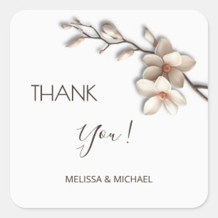 Ivory 3D Mangolia Wedding Thank You Square Sticker
