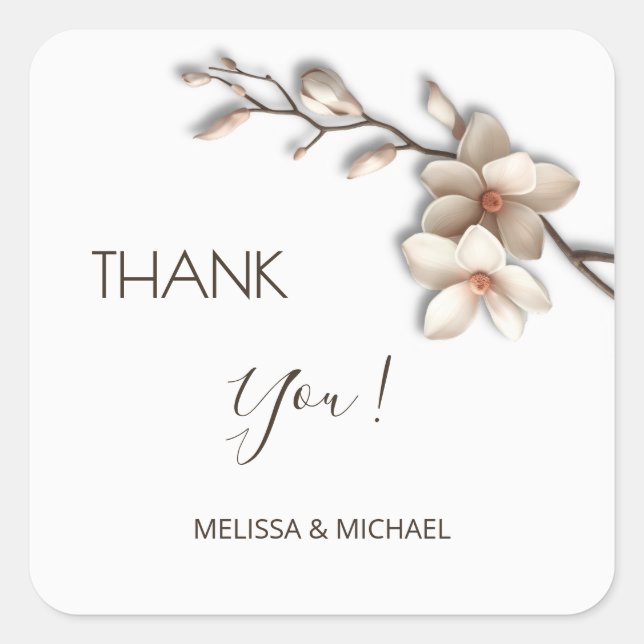 Ivory 3D Mangolia Wedding Thank You Square Sticker (Front)