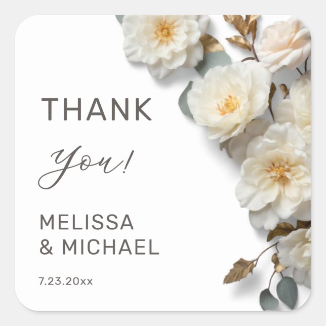 Ivory 3D Roses Wedding Thank You Square Sticker (Front)
