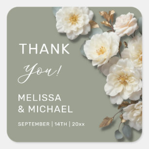Ivory 3D Roses Wedding Thank You Square Sticker