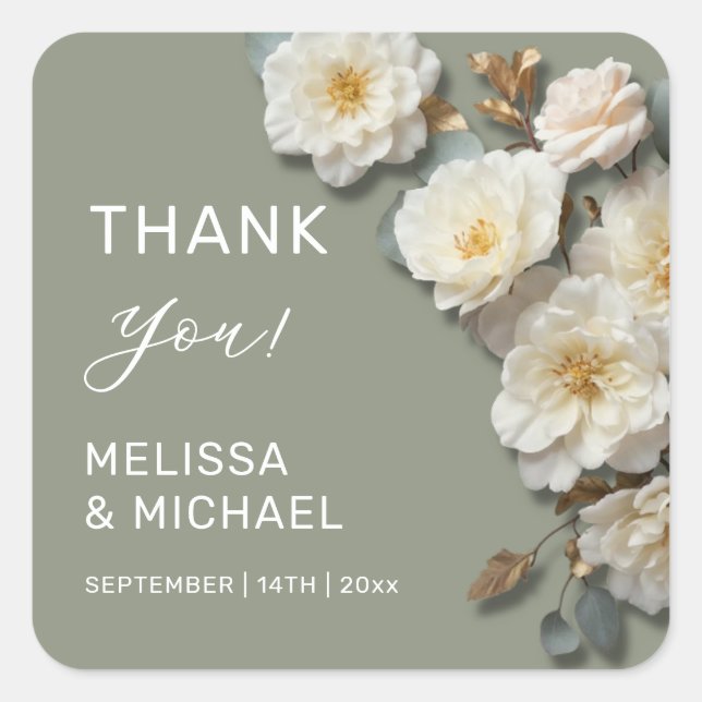 Ivory 3D Roses Wedding Thank You Square Sticker (Front)