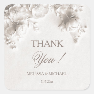 Ivory 3D Roses Wedding Thank You Square Sticker