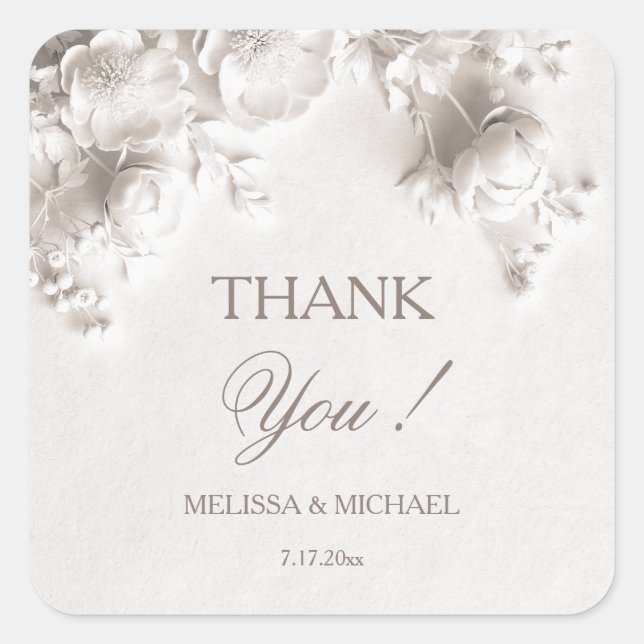 Ivory 3D Roses Wedding Thank You Square Sticker (Front)