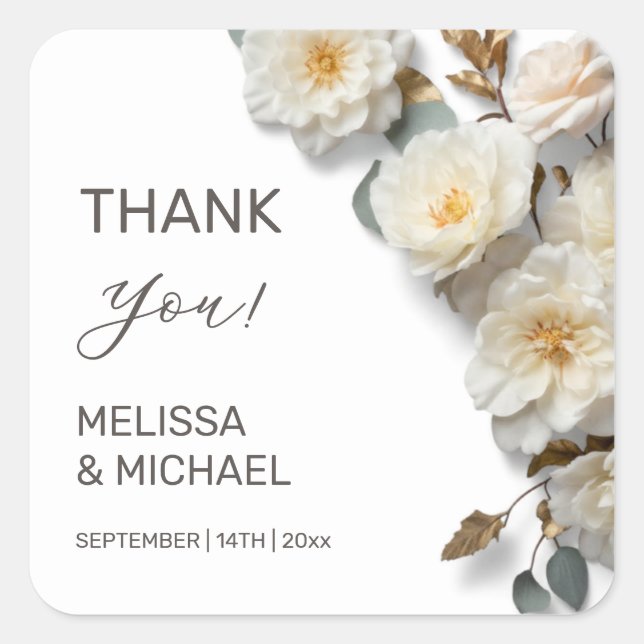 Ivory 3D Roses Wedding Thank You Square Sticker (Front)