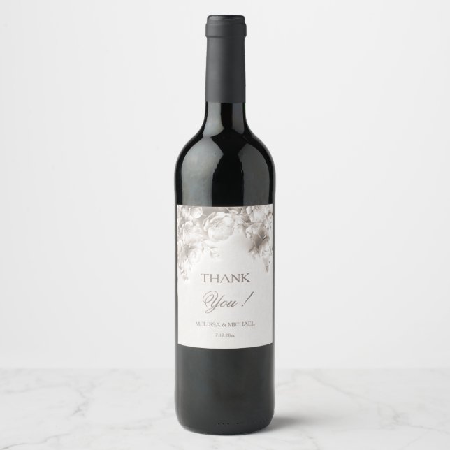 Ivory 3D Roses Wedding Thank You Wine Label (Front)