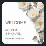 Ivory 3D Roses Wedding Welcome Square Sticker<br><div class="desc">Ivory white 3D roses welcome sticker.</div>
