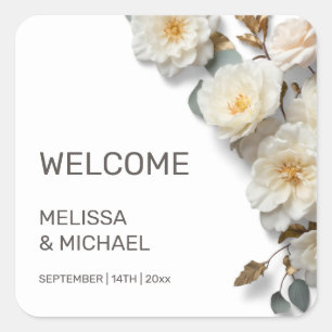 Ivory 3D Roses Wedding Welcome Square Sticker