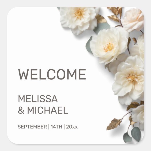 Ivory 3D Roses Wedding Welcome Square Sticker (Front)