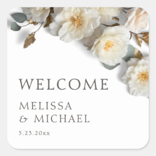 Ivory 3D Roses Wedding Welcome Square Sticker