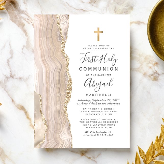  Ivory Agate Gold Glitter First Holy Communion Invitation (Creator Uploaded)