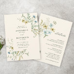 Ivory All In One Delicate Wildflower Wedding Invitation<br><div class="desc">This elegant All In One wedding invitation features hand-painted watercolor wildflowers in butter yellow, sage green, dusty green, and light blue with a QR code and wedding details on the back, perfect for spring, summer or fall weddings. For more advanced customisation of this design, please click the BLUE DESIGN TOOL...</div>