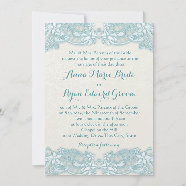 Ivory and Aqua Vintage Floral Invitation (Front)