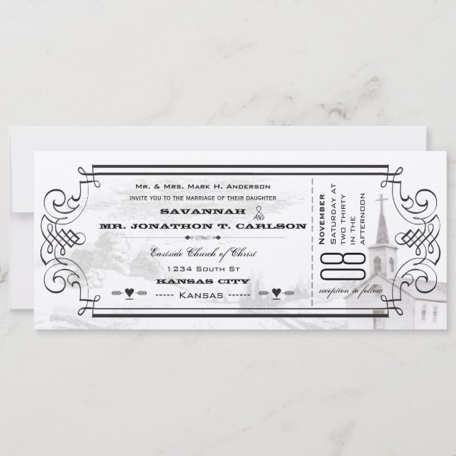 Ivory and Black Chapel Ticket Wedding Invitations (Front)