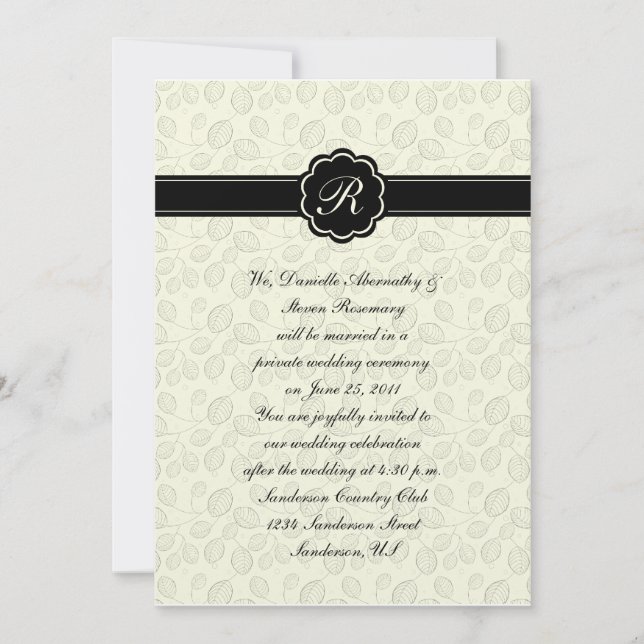 Ivory and Black Leaf Monogram Post Wedding Cele Invitation (Front)