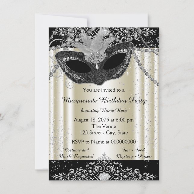 Ivory and Black Pearl Glitter Masquerade Party Invitation (Front)