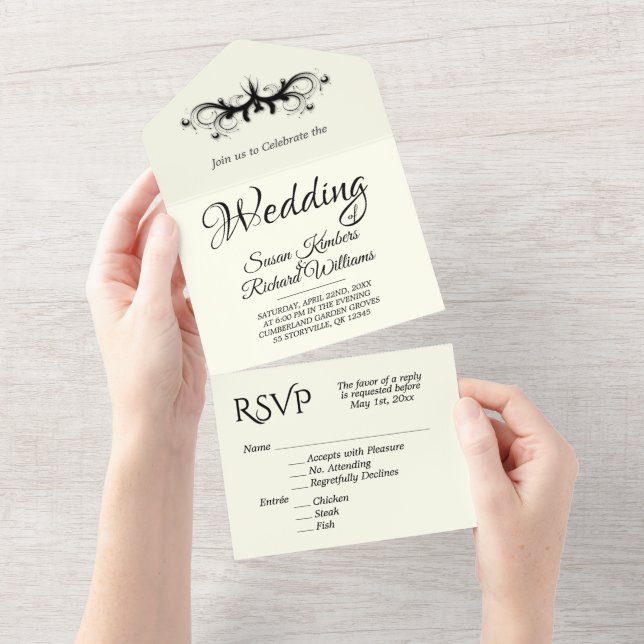 Ivory and Black Tri Fold w Rsvp Wedding All In One Invitation (Tearaway)