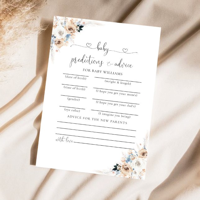 Ivory And Blue Boho Floral Baby Predictions Card (Creator Uploaded)