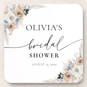 Ivory And Blue Boho Floral beverage coaster
