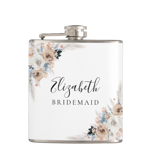  Ivory And Blue Boho Floral Bridal Shower Flask (Front)