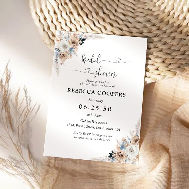Ivory And Blue Boho Floral Bridal Shower  Invitation (Creator Uploaded)