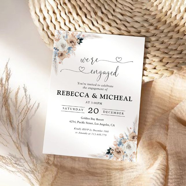 Ivory And Blue Boho Floral We are engaged Invitation (Creator Uploaded)