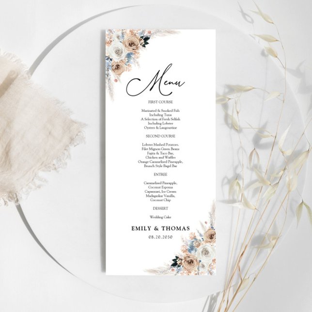 Ivory And Blue Boho Floral Wedding Ceremony Menu (Creator Uploaded)