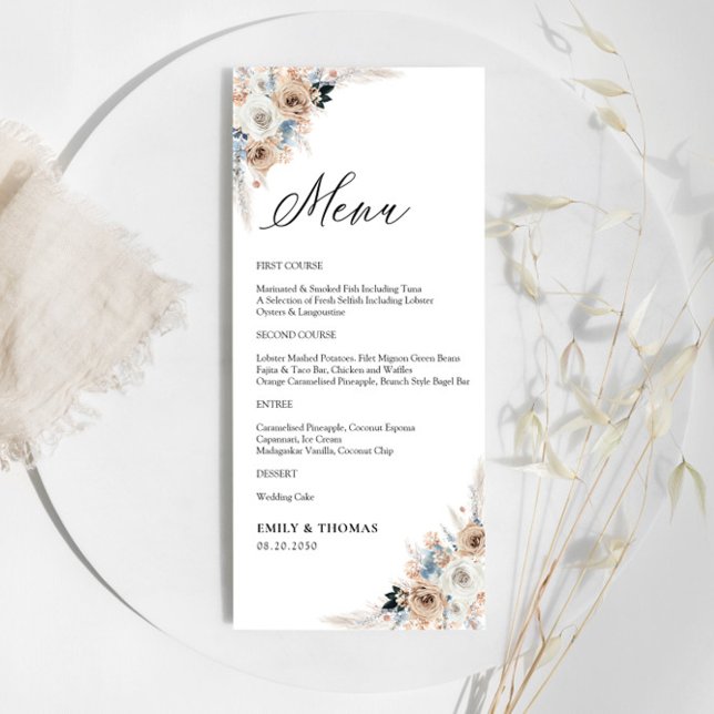 Ivory And Blue Boho Floral Wedding Ceremony Menu (Creator Uploaded)