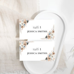 Ivory And Blue Boho Floral Wedding Flat Place Card