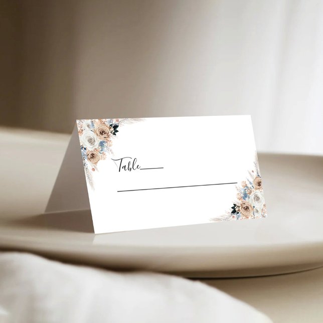 Ivory And Blue Boho Floral Wedding Folded Place Card (Creator Uploaded)