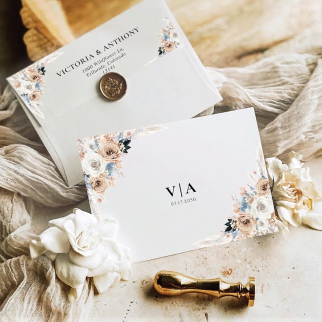 Ivory And Blue Boho Floral Wedding Invitation Envelope (Creator Uploaded)